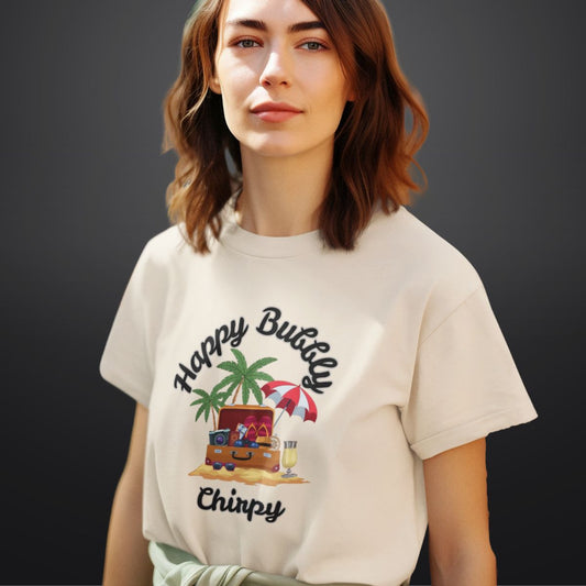 Happy Bubbly Chirpy Beach T Shirt for Women in Beige