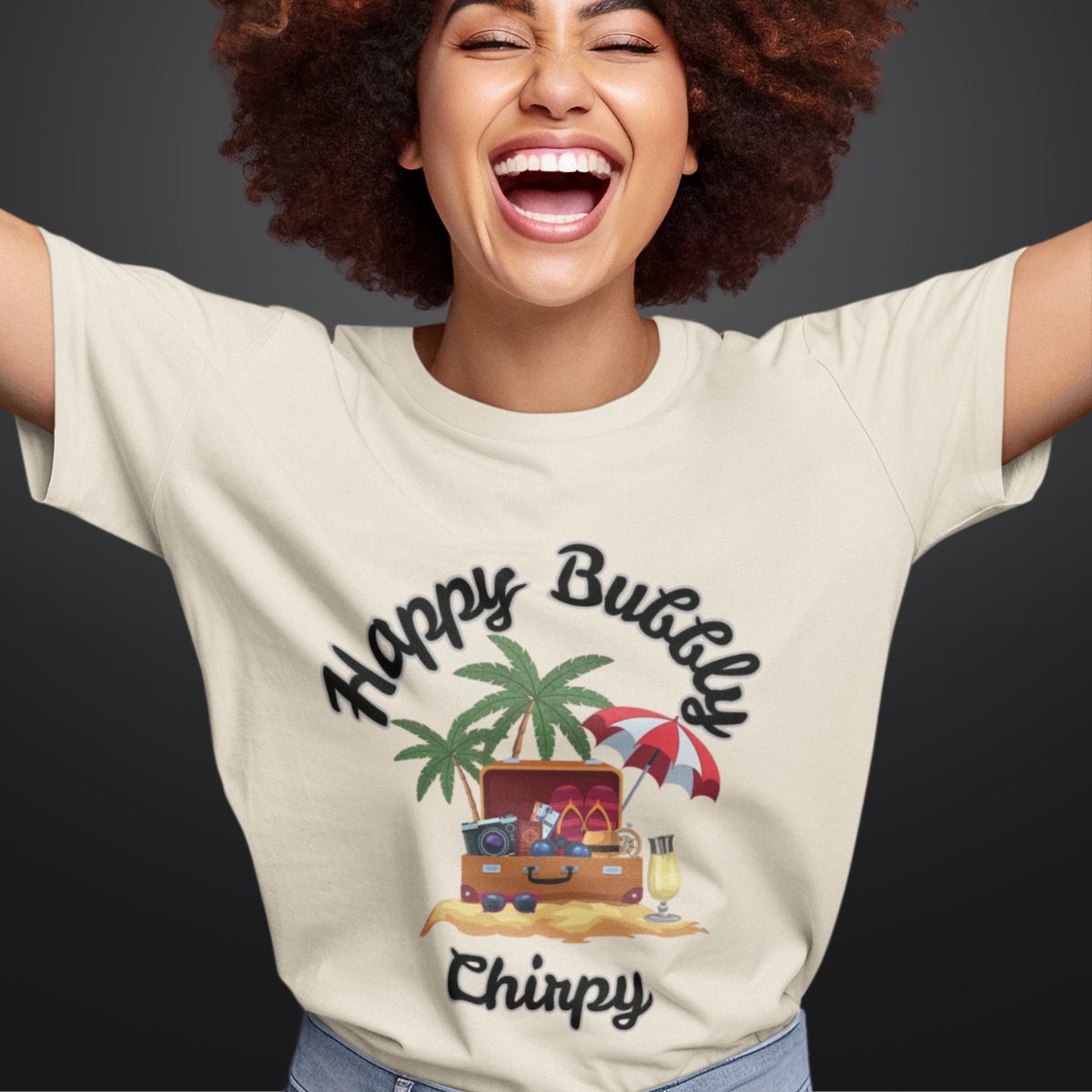 Happy Bubbly Chirpy Beach T Shirt for Women in Beige