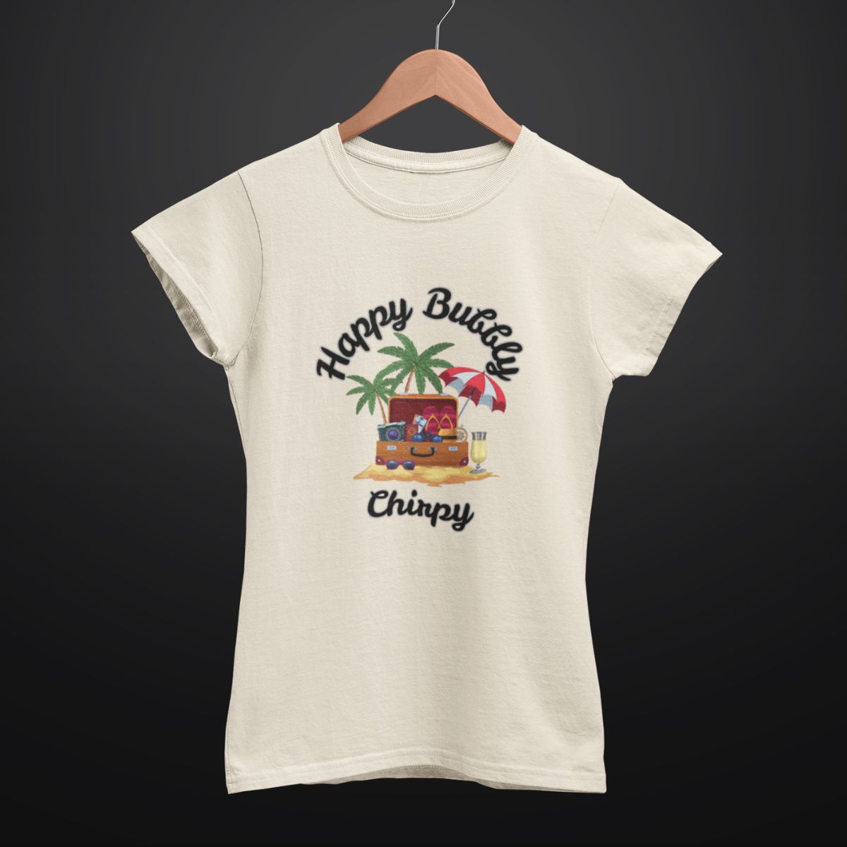 Happy Bubbly Chirpy Beach T Shirt for Women in Beige