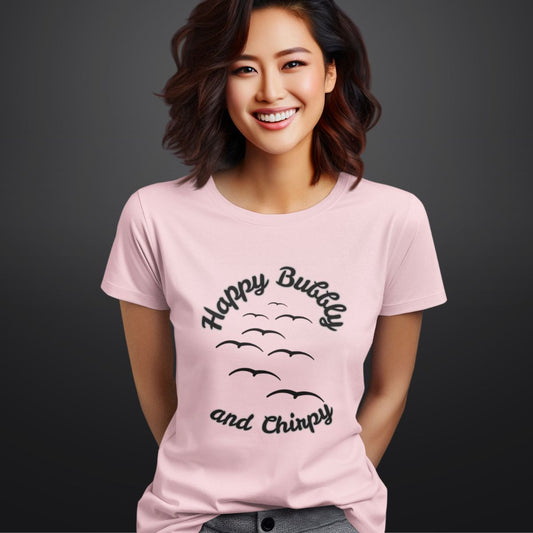 Happy Bubbly Chirpy Beach T Shirt for Women in Pink